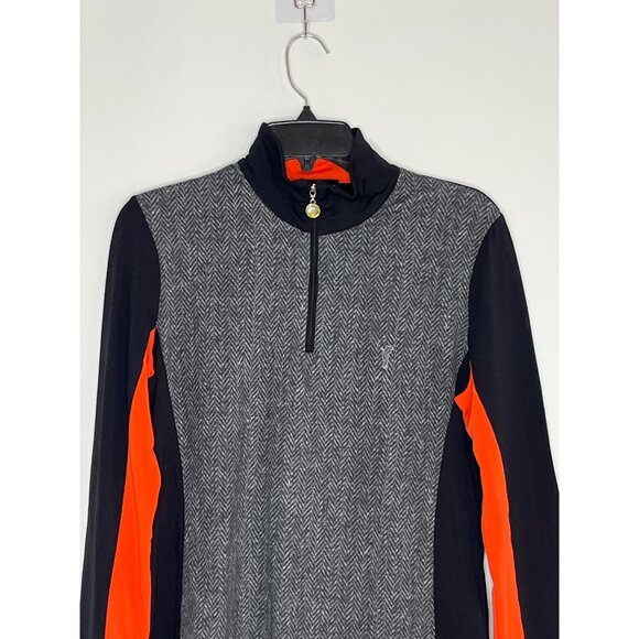 Golfino Herringbone Grey/Black Long‎ Sleeve 3/4-Zip Top With Orange Accents 10 - Picture 2 of 9